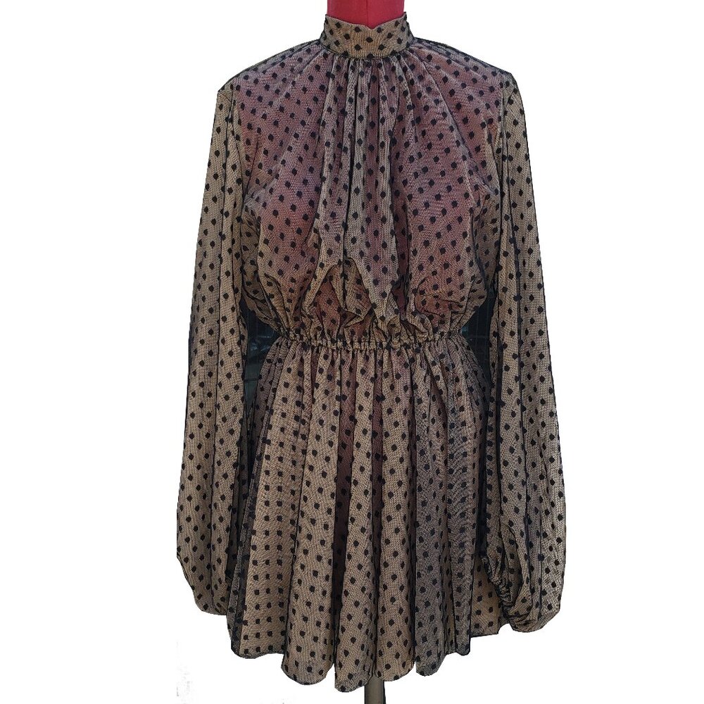 The Dolls House Short Dress Black Point D'esprit Long Sleeve High Neck Medium